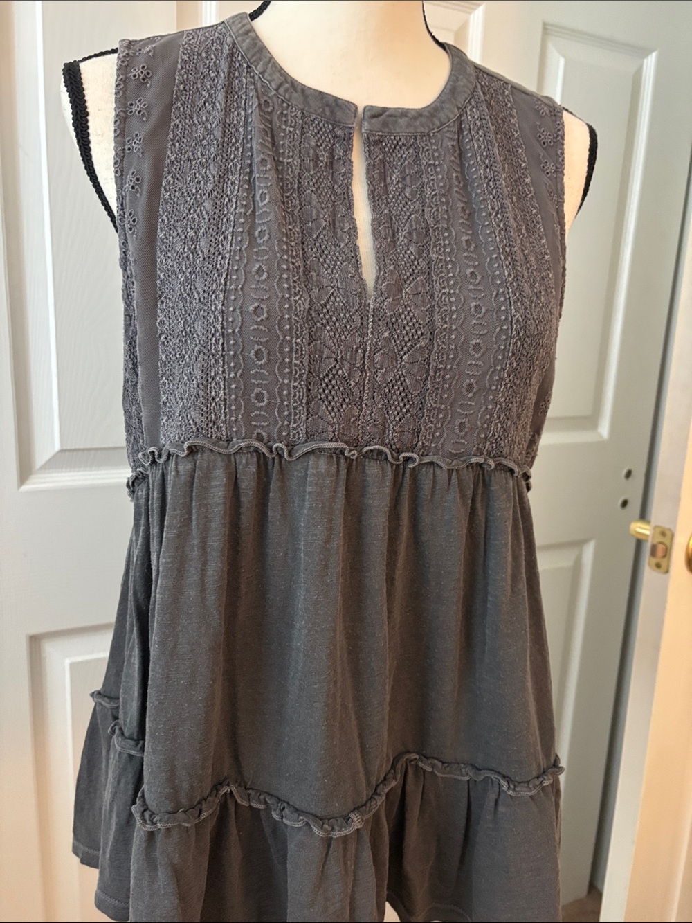 Lucky Sleeveless Embroidered Peasant Top in Charcoal Gray - Picture 3 of 6
